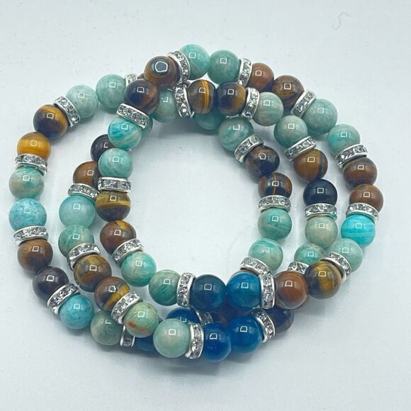 Rhinestone crystal Amazonite beaded stretch bracelet tigers eye apatite ONE NEW - Picture 2 of 8